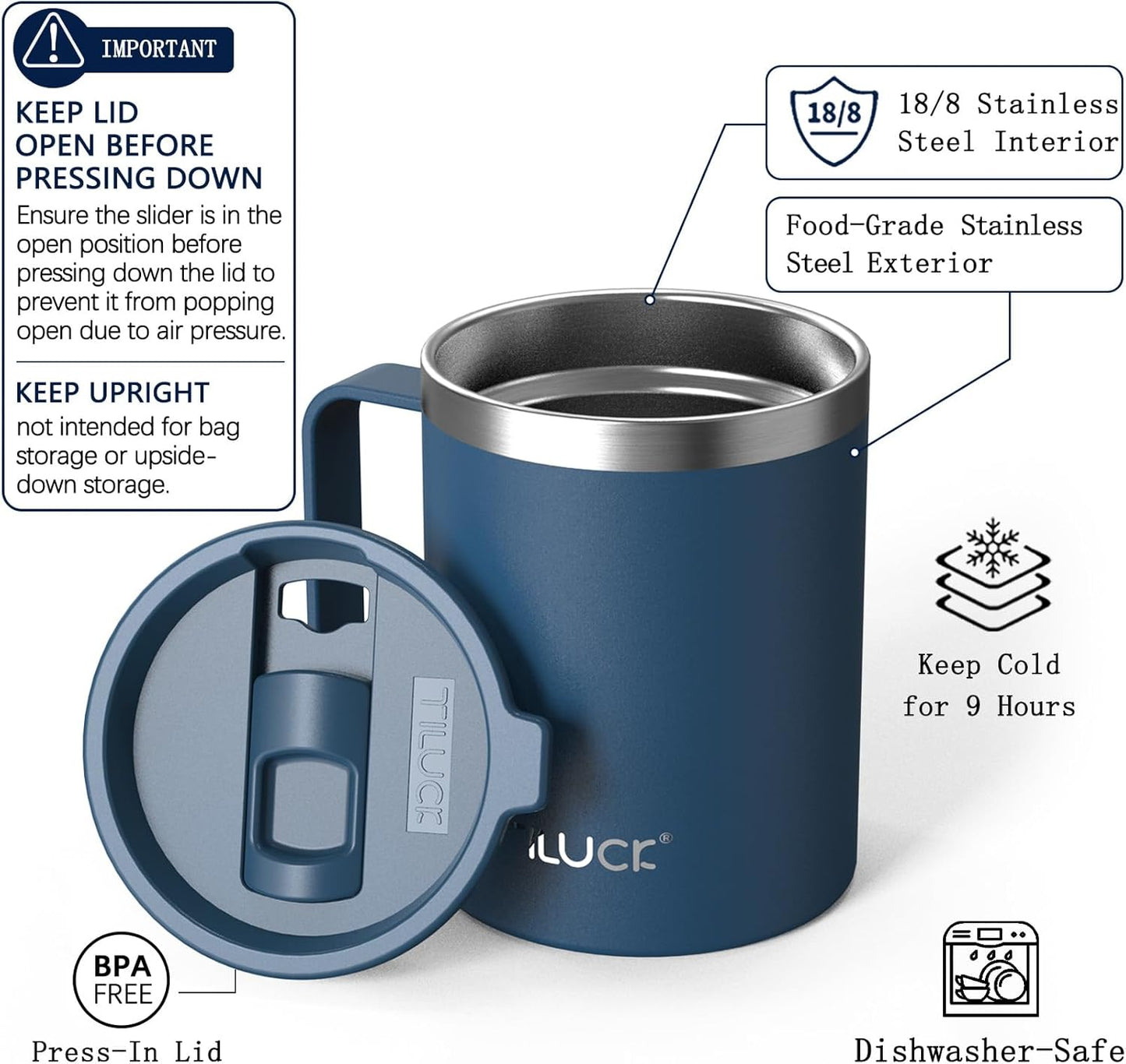 TILUCK 20 oz Insulated Tumbler with BPA-Free Lid, Stainless Steel Vacuum Travel Coffee Mug, Double Wall Coffee Tumbler（20oz，Matte DarkBlue）