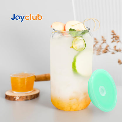Joyclub 8pcs 16 oz Glass Cups with Acrylic Lids and Straws Can Shaped Iced Coffee Glasses Cute Tumbler Set Drinking Jars for Smoothie Soda Boba Beer Party Housewarming Gifts