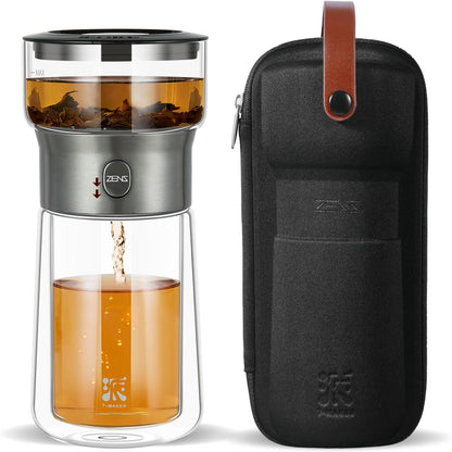 ZENS Modern Glass Infuser Teapot, One Touch Tea Maker for Loose Leaf Tea with Insulated Mug and Portable Case. Enchanted Pot Alternatives for Tea Lover Gifts