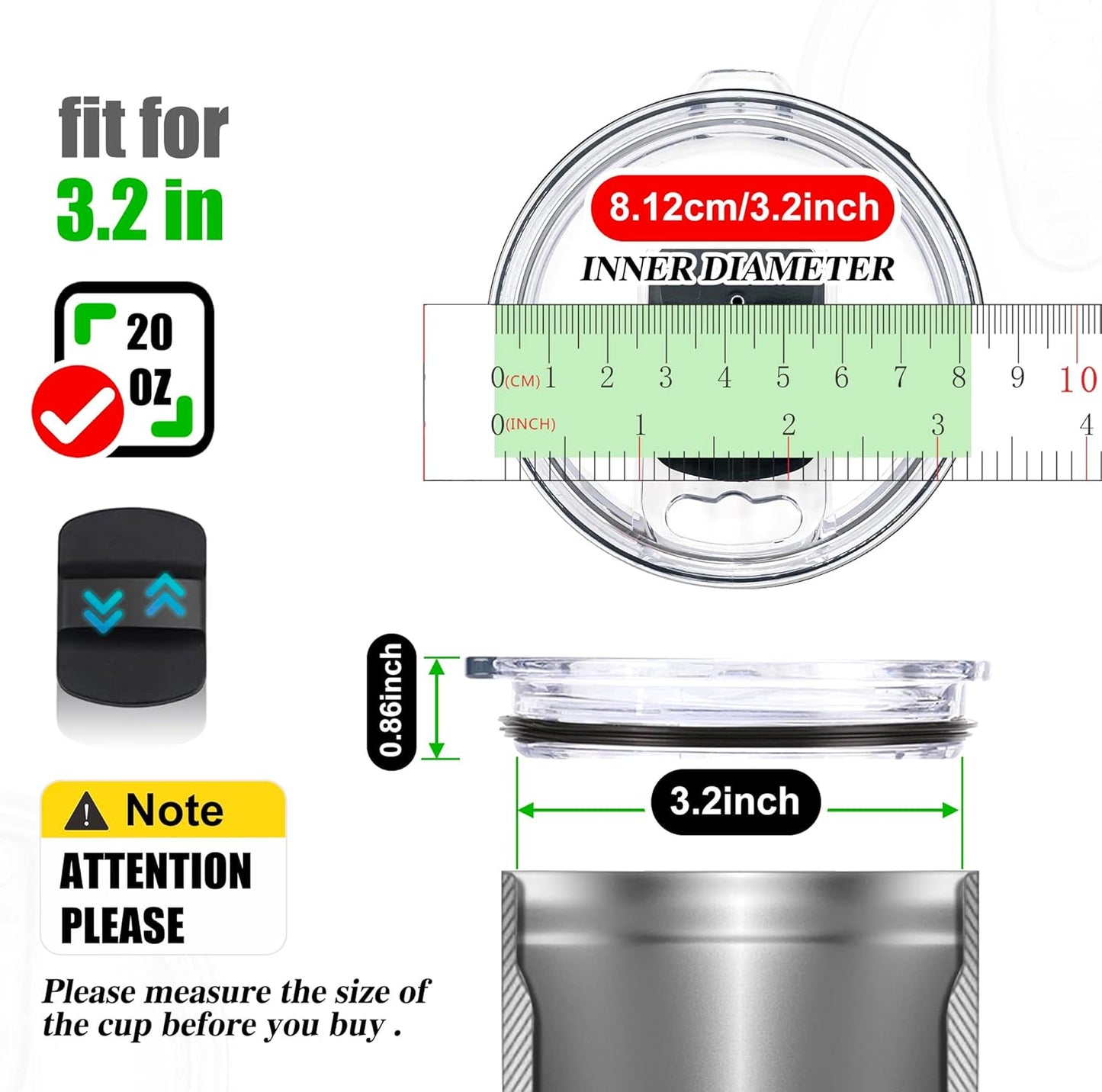 2 Replacement Lids for Stainless Steel Tumbler Travel Cup - Fits OF Inner diameter 3.7 to 3.74 INCH Yeti Rambler and others (Transparent) (30 OZ)
