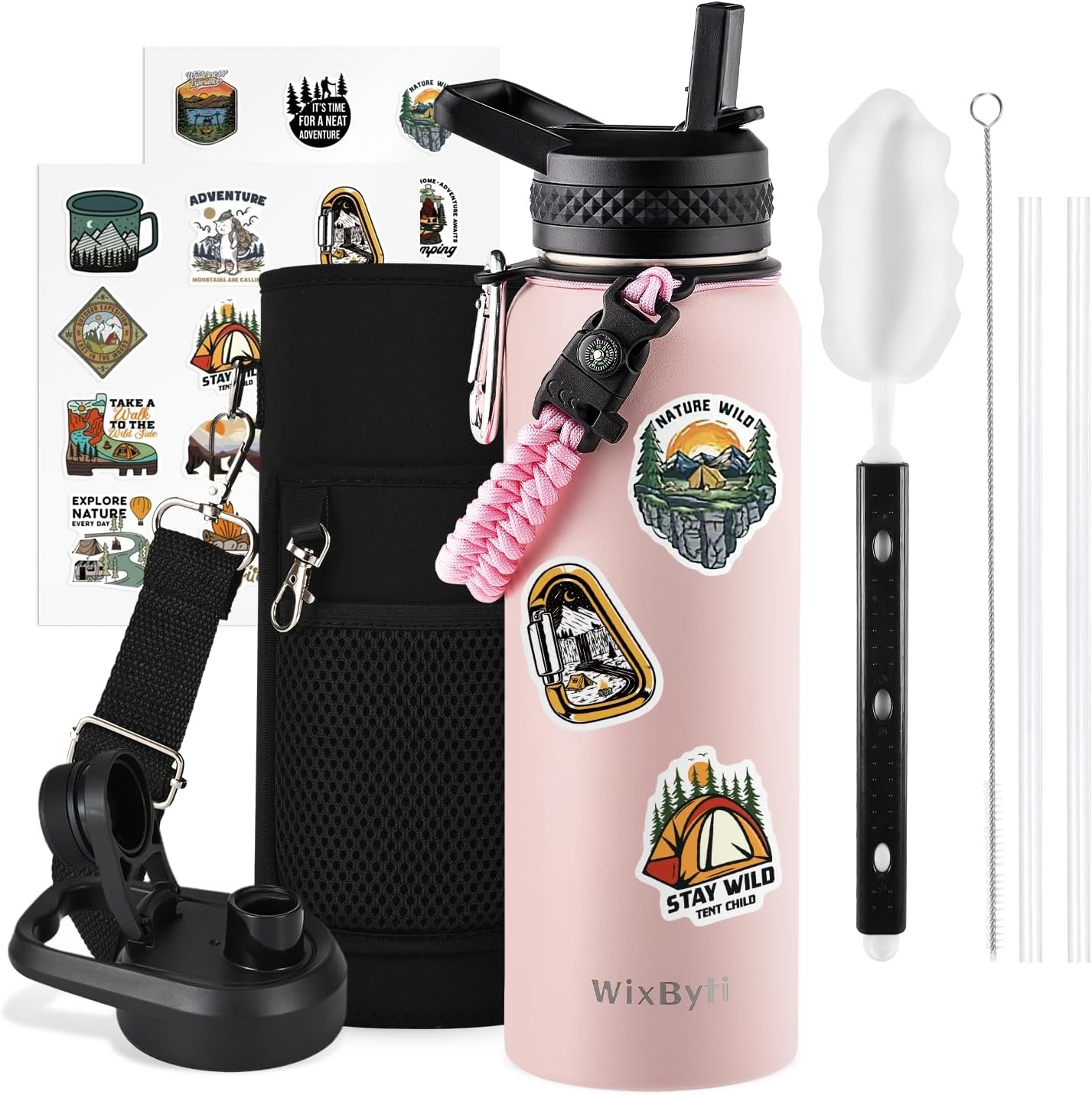 WixByti 40 oz Insulated Water Bottle with Straw (Cold for 36 Hrs), Stainless Steel Triple Wall Vacuum Sports Water Jug, Leakproof Hydro Cup Flask with Paracord Handle & Straw Spout Lids & DIY Stickers