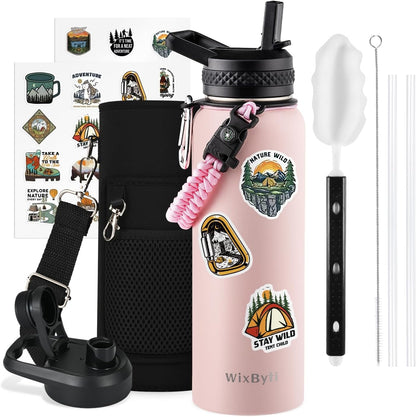 WixByti 40 oz Insulated Water Bottle with Straw (Cold for 36 Hrs), Stainless Steel Triple Wall Vacuum Sports Water Jug, Leakproof Hydro Cup Flask with Paracord Handle & Straw Spout Lids & DIY Stickers