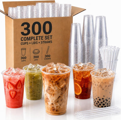 16 OZ Plastic Cups with Lids and Straws, 25 Clear Disposable Coffee Cups With Lids 16 OZ Disposable Cold Brew Cup for Parfait, Bubble Tea, Smoothies