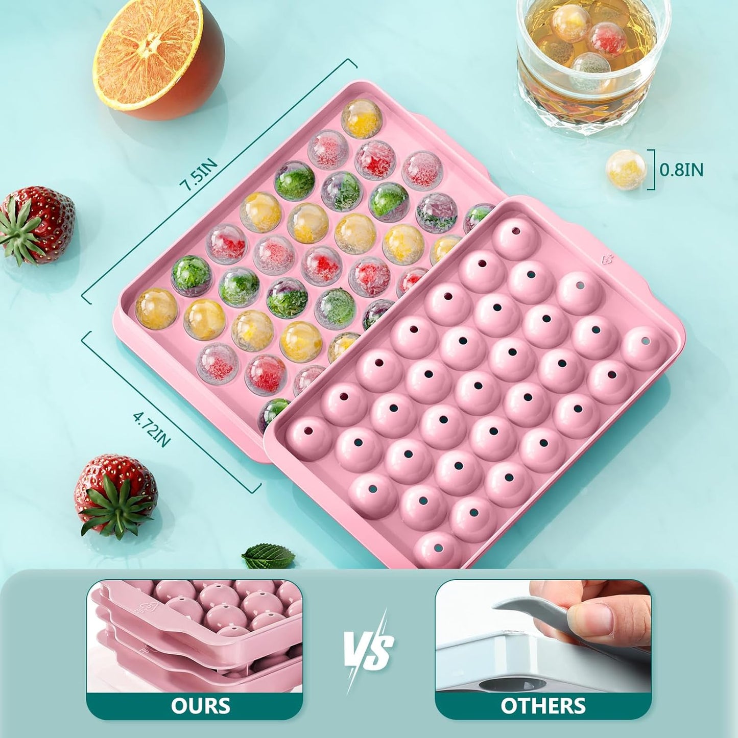 Optish 3 Pack Ice Trays for Freezer, 99 PCS Ice Cube Tray with Lid and Bin, Round Ice Cube Mold, Circle Ice Maker for Chilling Drinks (0.8 inch, Pink)