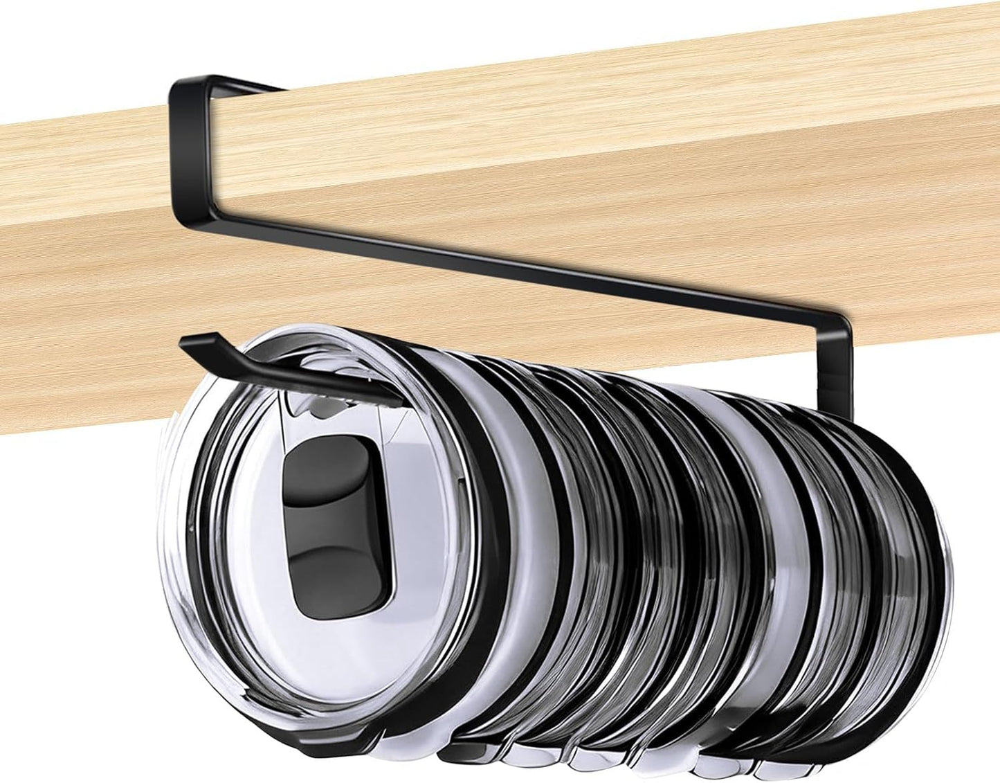 Tumbler Lid Organizer for Cabinet - Behind Door & Under Shelf Mount, Kezvulp No-Drill Holder (10-12 Capacity), Space Saving Anti-Drop Rustproof Rack, Fits 24oz Tumbler & 30/40oz Water Bottle Lids