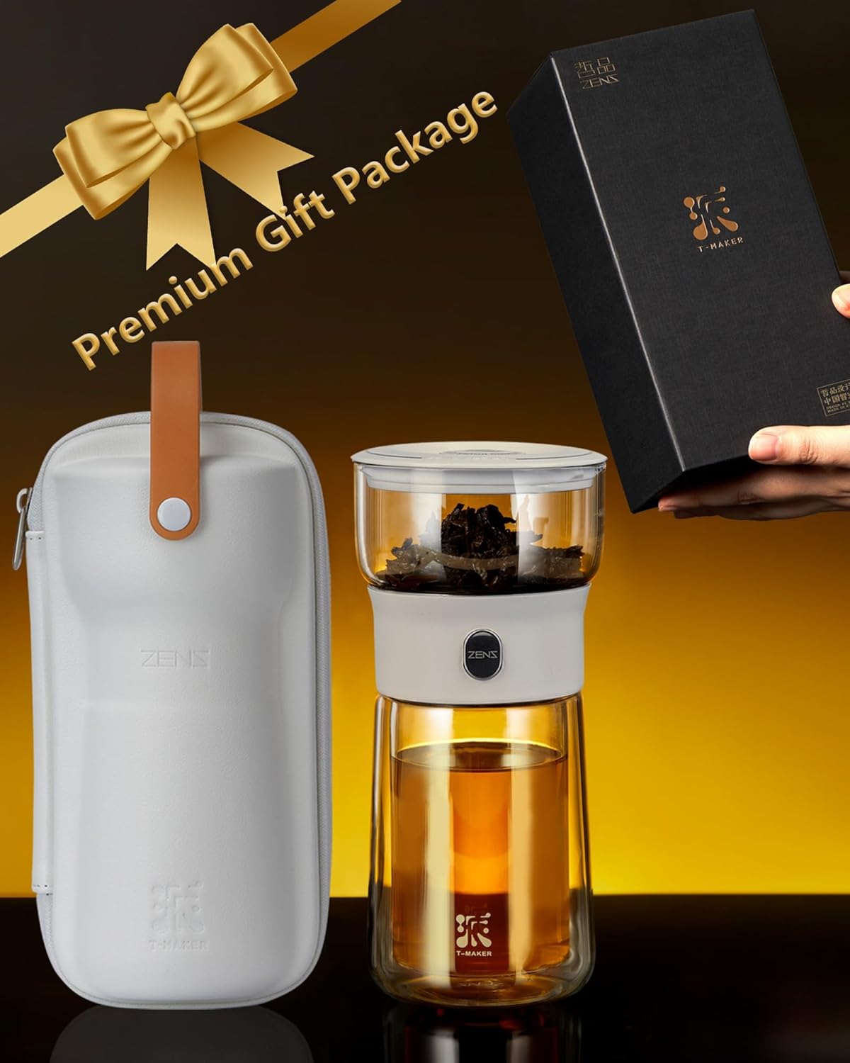ZENS Modern Glass Infuser Teapot, One Touch Tea Maker for Loose Leaf Tea with Insulated Mug and Portable Case. Enchanted Pot Alternatives for Tea Lover Gifts