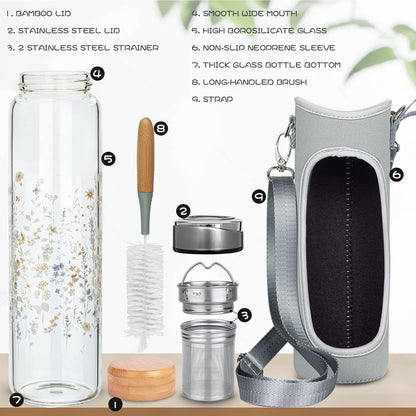 32oz Borosilicate Glass Water Bottle with Tea Infuser, Tea Tumbler with Strainer, Reusable Travel Mug with Sleeve & 2 Lids, Glass Drinking Bottle for Hot or Cold Drinks