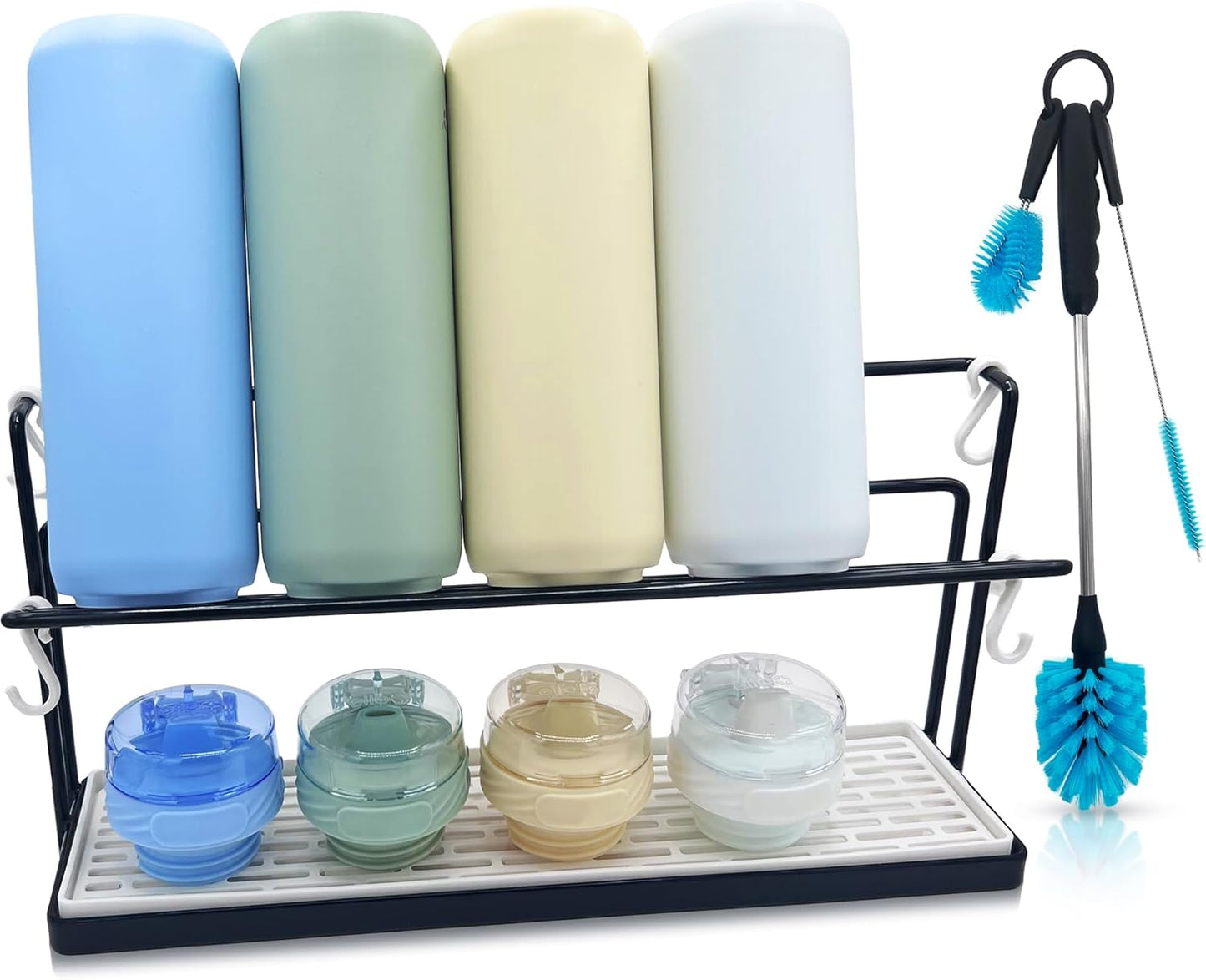 Water Bottle Drying Rack for Kitchen Counter – Cup Drying Rack, Tumbler, Mug & Glass Drying Rack Drying Rack, 2 Tier with Drain Tray and Cleaning Brush Set (Black)