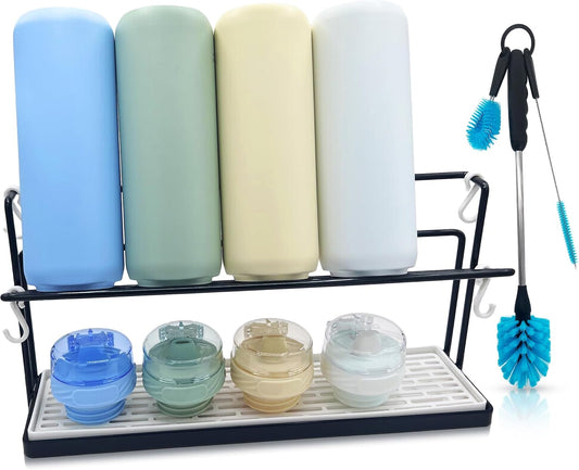 Water Bottle Drying Rack for Kitchen Counter – Cup Drying Rack, Tumbler, Mug & Glass Drying Rack Drying Rack, 2 Tier with Drain Tray and Cleaning Brush Set (Black)