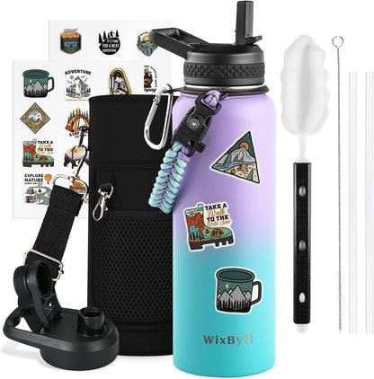 WixByti 40 oz Insulated Water Bottle with Straw (Cold for 36 Hrs), Stainless Steel Triple Wall Vacuum Sports Water Jug, Leakproof Hydro Cup Flask with Paracord Handle & Straw Spout Lids & DIY Stickers