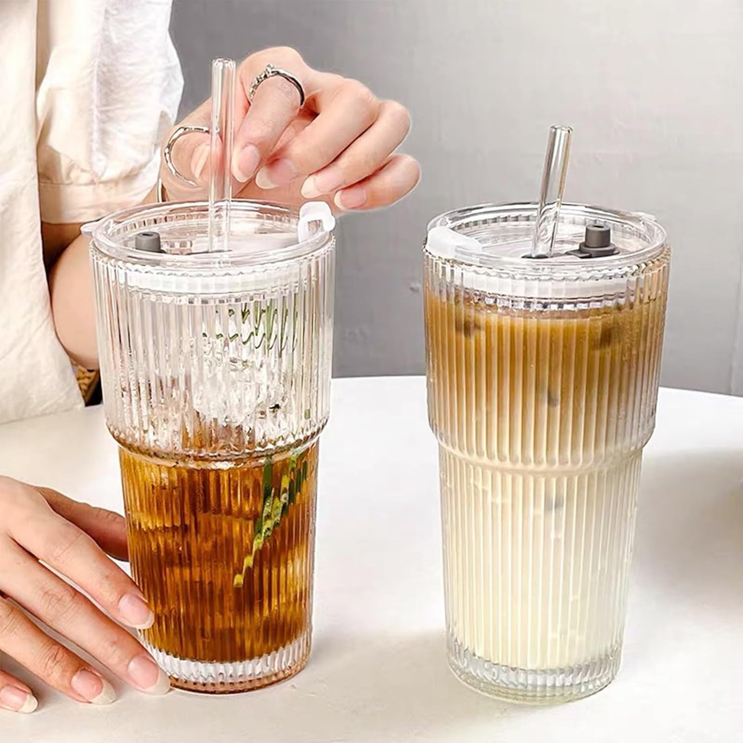 Reusable Plastic Boba Cup With Lids And Straws, 24Oz/700ml Smoothie Cups, Iced Coffee Cup, Leakproof Kawaii Cup, Boba Tumbler With Boba Reusable Straw,Double Wall Clear Bubble Tea Cup