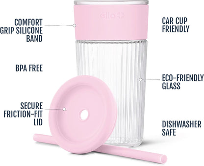 Ello Devon Glass Tumbler , Protective No Sweat Silicone Sleeve and Splash Proof Wooden Detail Lid with Straw, 18 oz