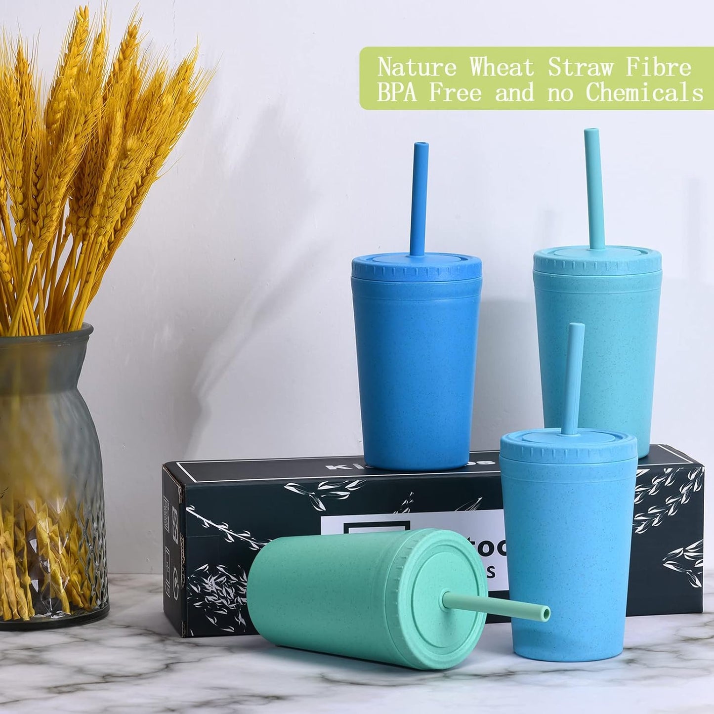 Homestockplus Reusable Wheat Straw Cups with Lids and Silicone Straws, 10 Oz Chip Resistant E-Co Friendly Small Water Cups for Milk, Drinks, Smoothies - 4 Colors