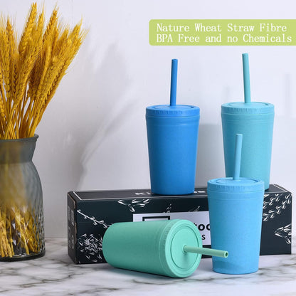 Homestockplus Reusable Wheat Straw Cups with Lids and Silicone Straws, 10 Oz Chip Resistant E-Co Friendly Small Water Cups for Milk, Drinks, Smoothies - 4 Colors