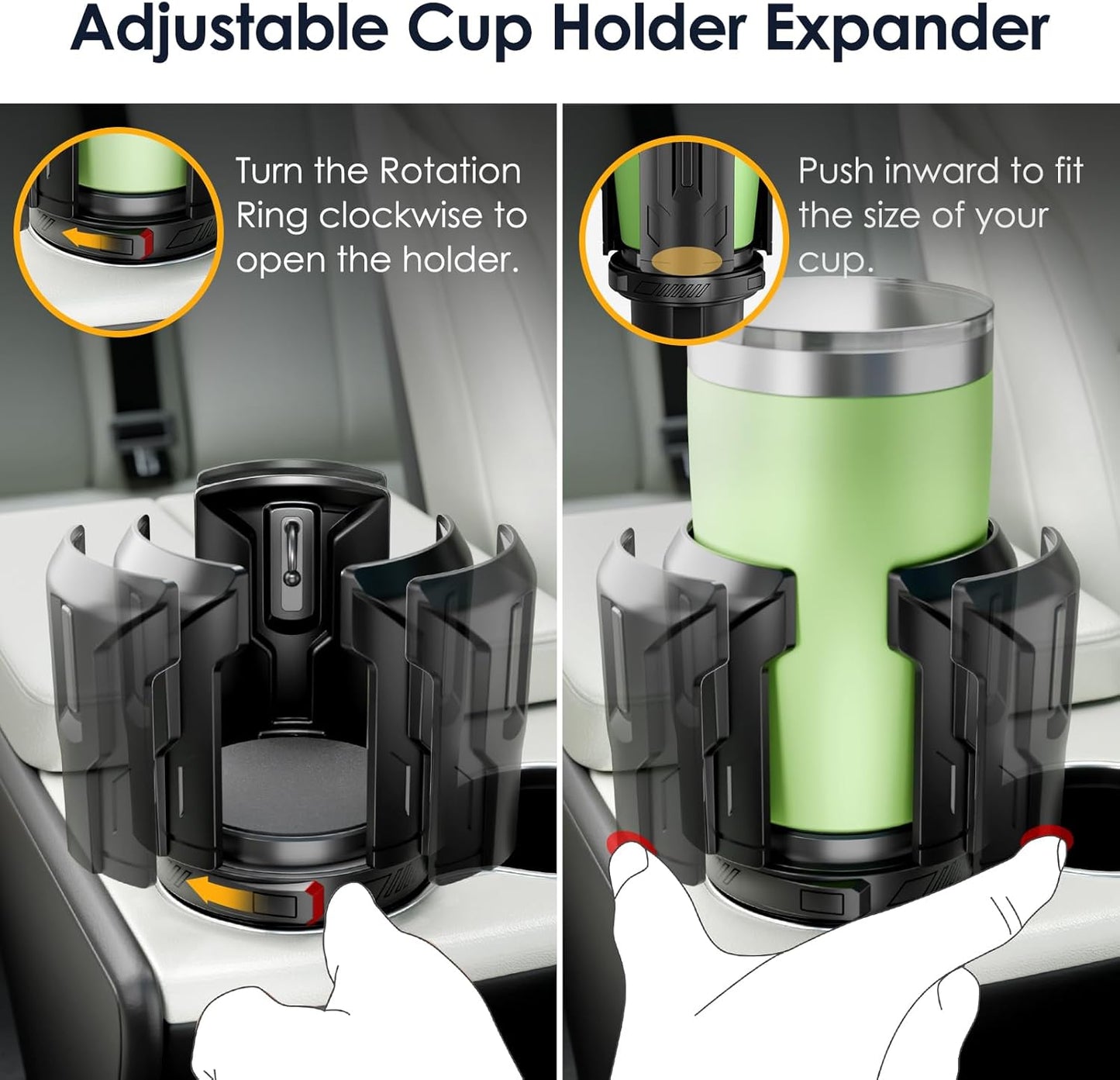 Car Cup Holder Expander: One-Button Open, Universal, Adjustable Holder(Diameter 2.6"- 4.8"), Cup Holder Expander for Yeti, Hydro Flask, Nalgene, Takeya, Camelbak, Ramblers, Owala, Tumblers, Mugs