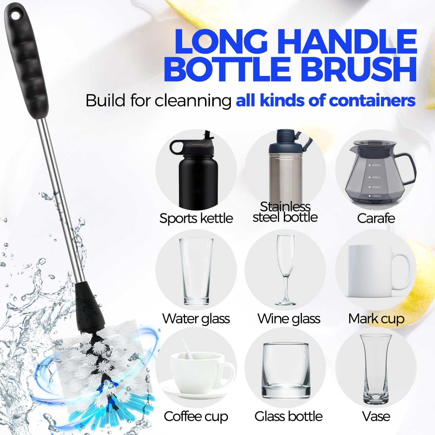 Holikme 6 Pack Bottle Brush Set, 14" Long Handle Stainless Steel Bottle Cleaner Brush, 3 Straw Brushes, 4-in-1 Bottle Cleaning Brush for Water Bottle, Antistatic Lab Brushes Straws, Black