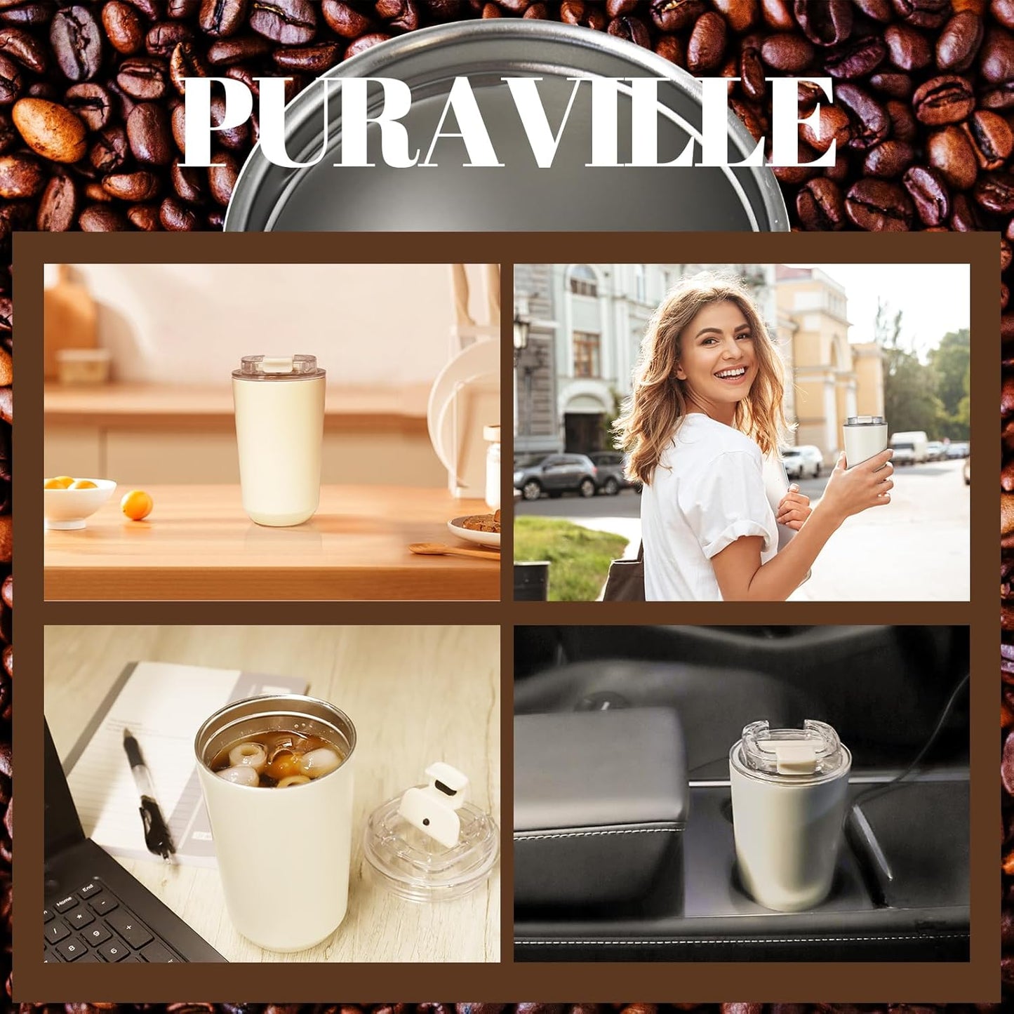 Puraville Insulated Tumblers with Lid, 14 oz Travel Coffee Mug Stainless Steel Vacuum Cup, Leak Proof Reusable Double Walled Coffee Tumbler for Iced and Hot Drinks, Cream