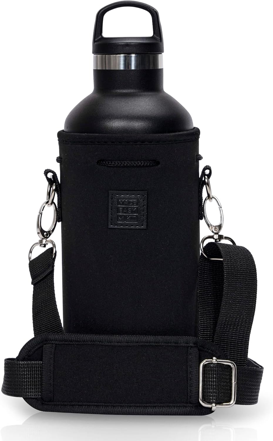 Made Easy Kit Neoprene Water Bottle Carrier Holder with Adjustable Shoulder Strap for Insulating & Carrying Water Container Canteen Flask Available in 5 Sizes (Black, M (16oz-22oz))