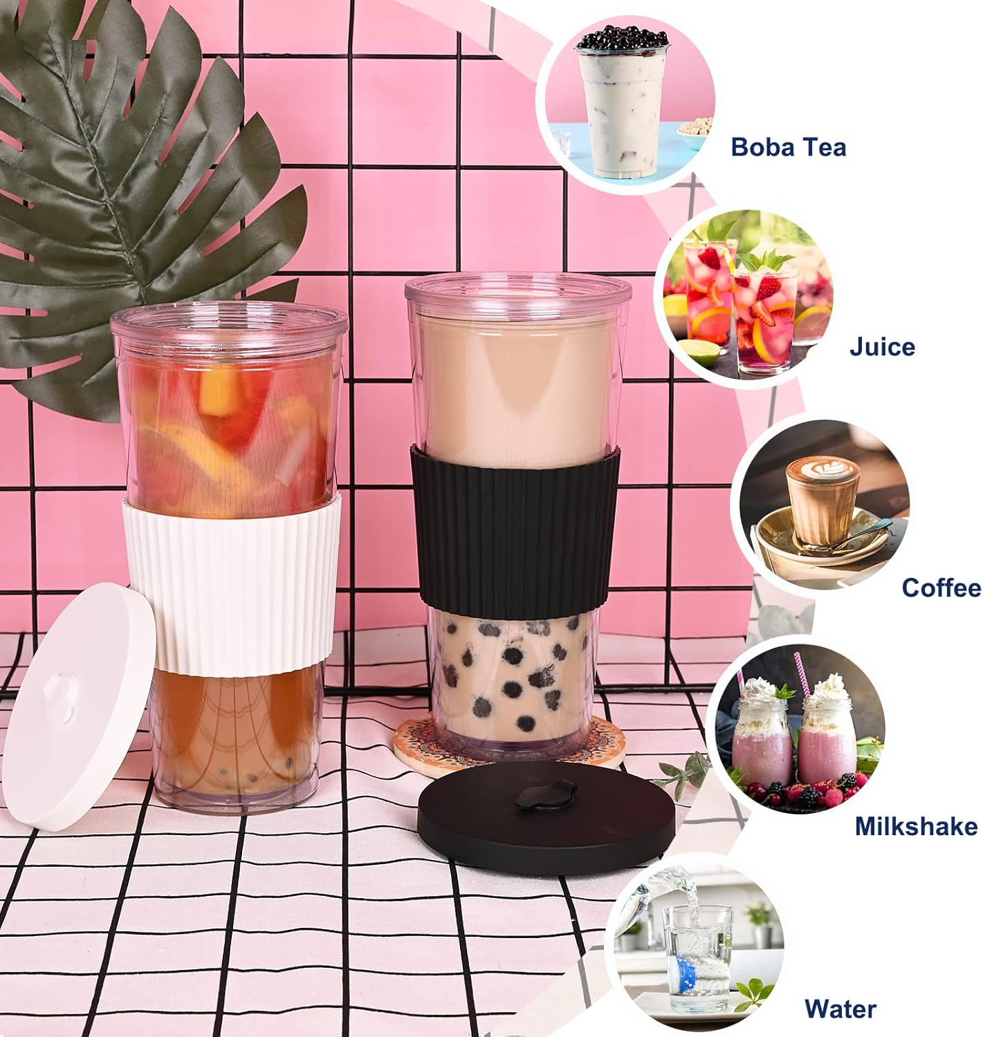 2 Pack Reusable Boba Tea Cups, 24oz Iced Coffee Cup with Straw and Lid, Leakproof Clear Plastic Cups Tumbler, Double Wall Insulated Smoothie Tumbler, Wide Straw for Bubble Tea, Black and White