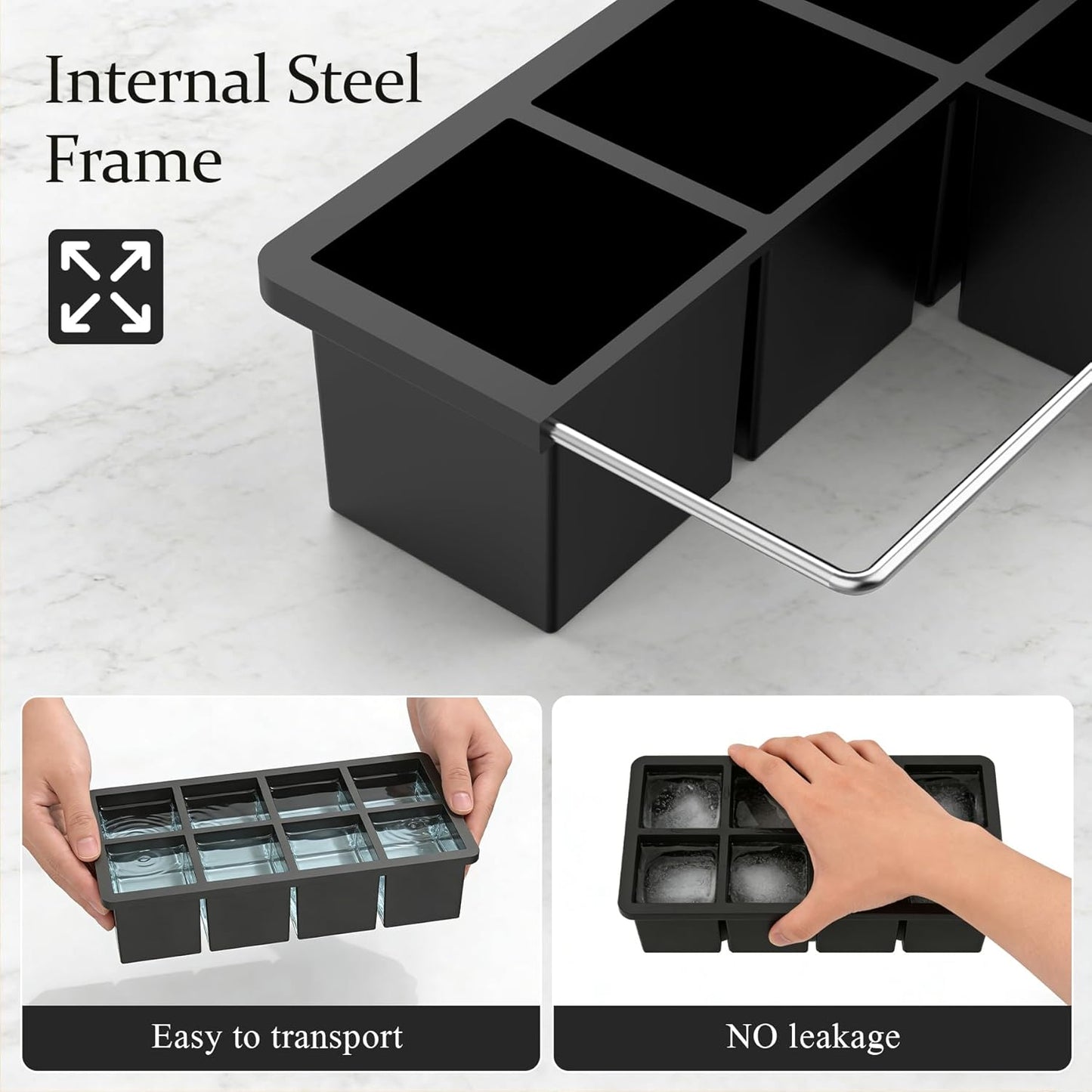 Bangp Large Ice Cube Tray for Whiskey,2 Pack Stackable Big Ice Cube Molds Make 16 Big Whiskey Ice Cubes,Easy Release Square Ice Cube Maker for Cocktails,Whiskey,Soups and Frozen Treats