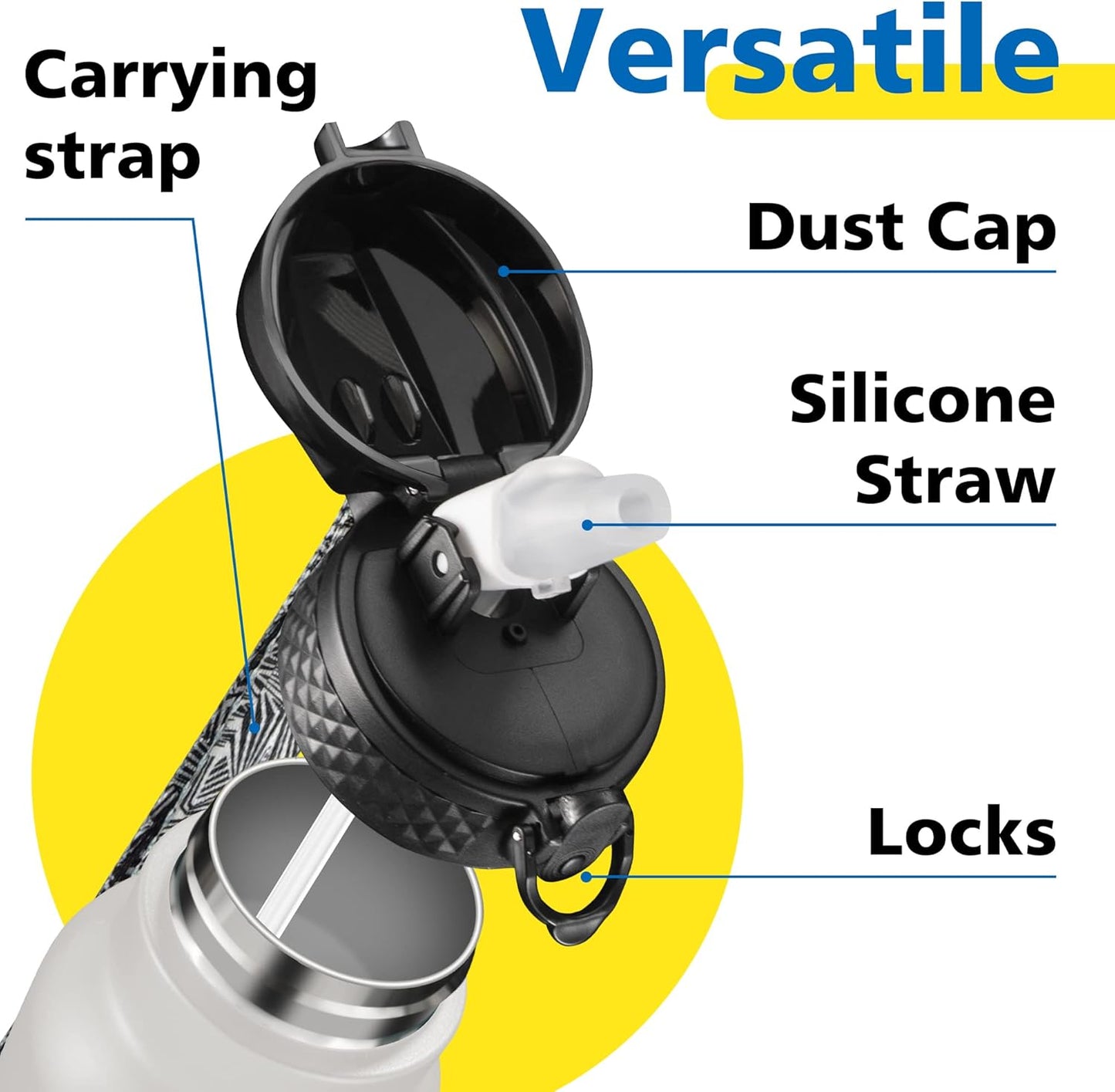 Han's Bottle Sports Water Bottle - 24 Oz, Straw Lid, Leak Proof, Vacuum Insulated Stainless Steel, Double Walled, Thermo Mug,Black