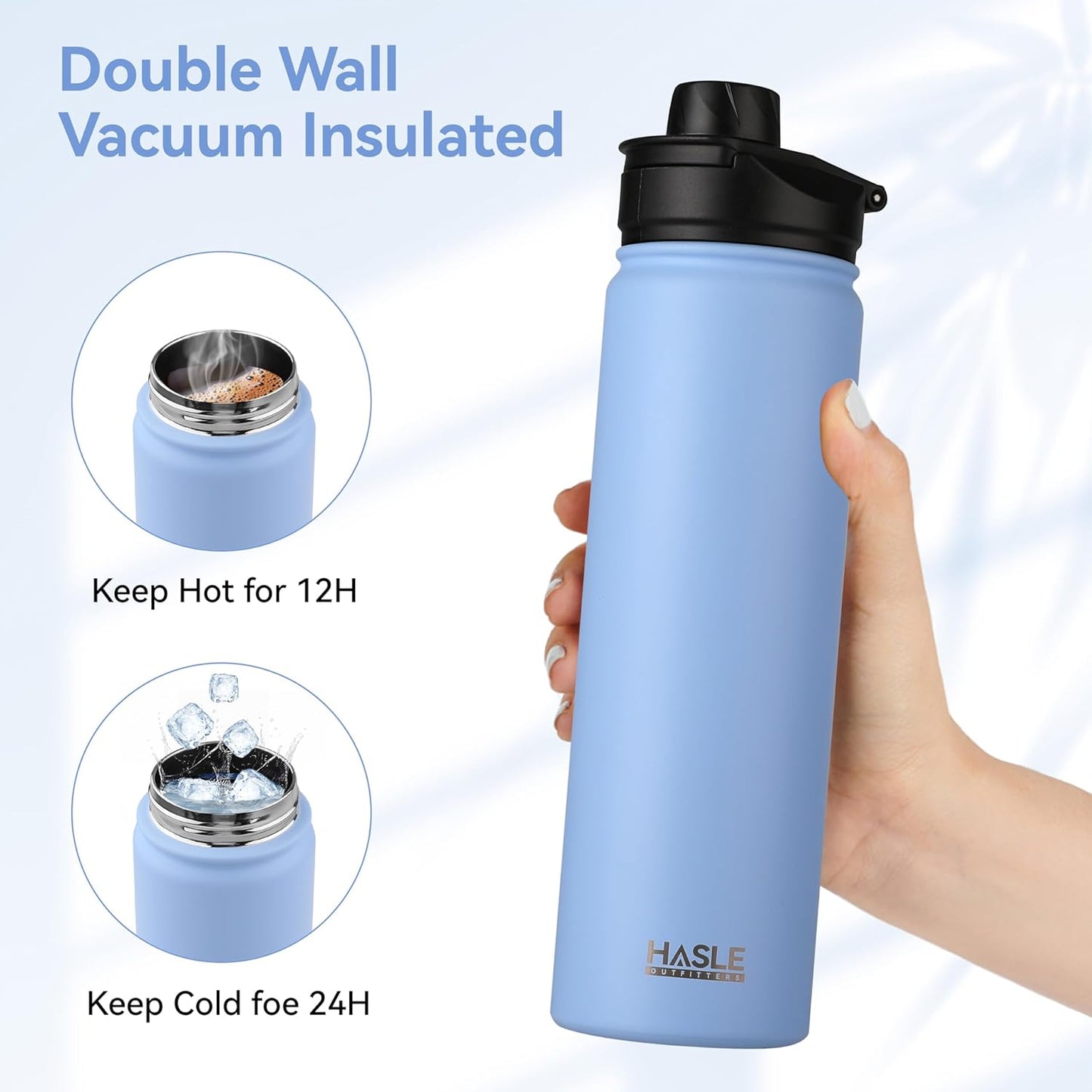 HASLE OUTFITTERS 32 oz Insulated Water Bottle Stainless Steel Double Walled Vacuum Sports Water Bottle with 2 Lids (Straw and Spout Lid) for Gym Camping Hiking(Black,1)