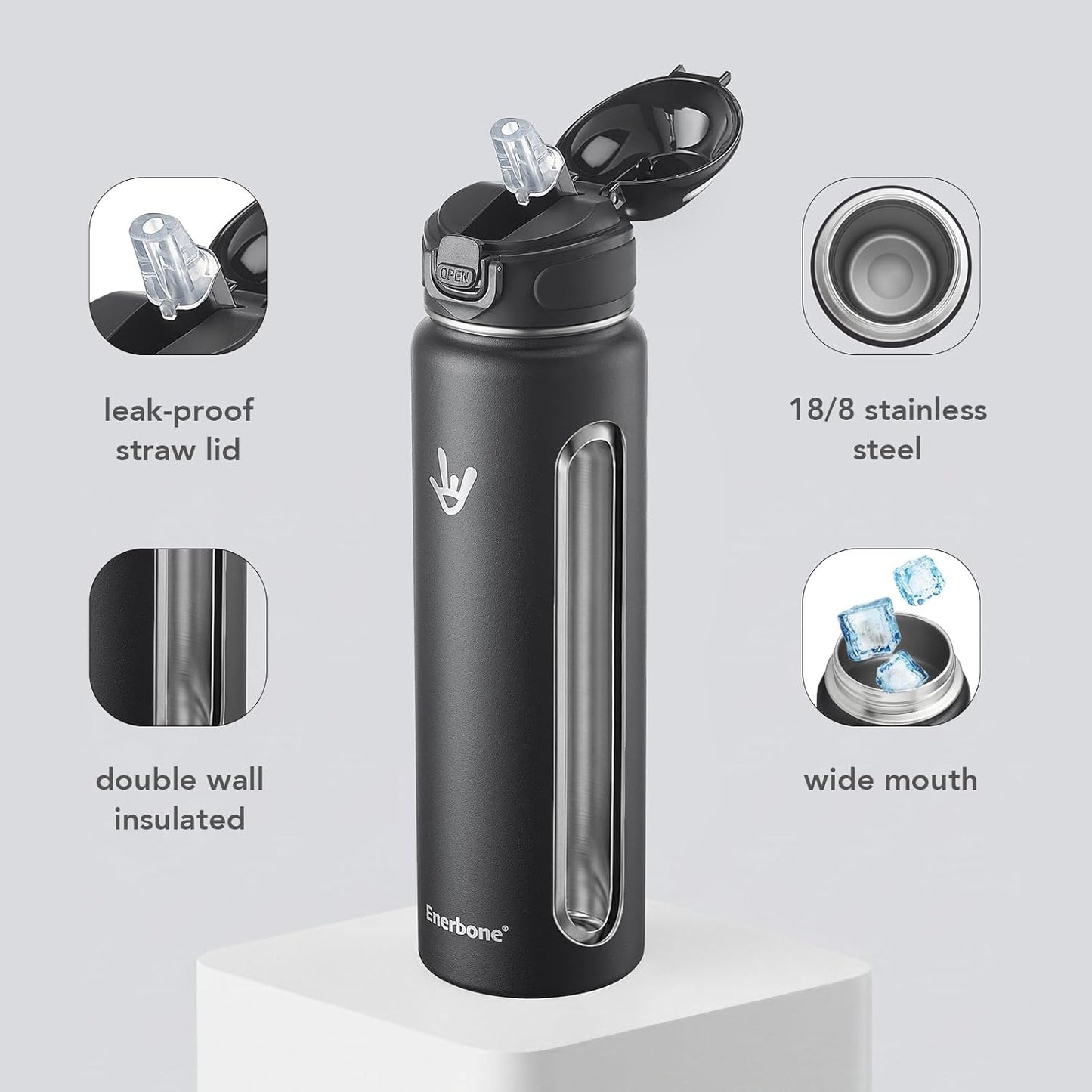 Enerbone 24 oz Insulated Water Bottle, Stainless Steel Bottle with Carrying Strap, Double-Wall Vacuum Insulation Design, Leakproof Sports Bottle with Straw, Keep Drinks Cold or Hot for Hours
