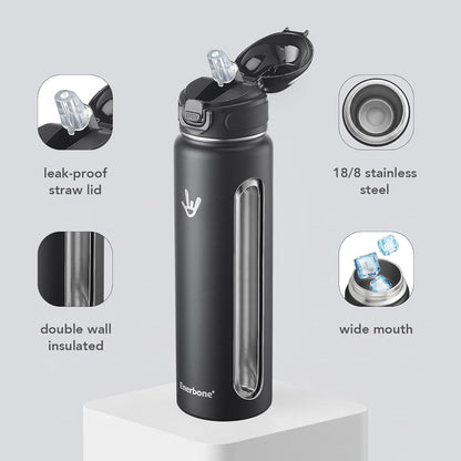 Enerbone 24 oz Insulated Water Bottle, Stainless Steel Bottle with Carrying Strap, Double-Wall Vacuum Insulation Design, Leakproof Sports Bottle with Straw, Keep Drinks Cold or Hot for Hours