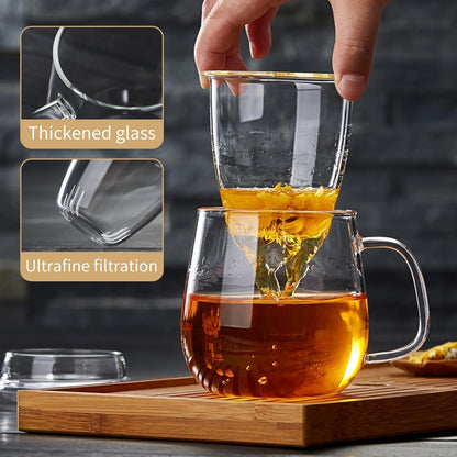 DOPUDO Glass Tea Cup with Infuser and Lid, 17.6oz/520ml Large Borosilicate Teacup,Tea Glass, Clear Mug for Loose Leaf Tea, Blooming Tea, Microwave & Dishwasher Safe - Tea Maker Gift for Birthday.