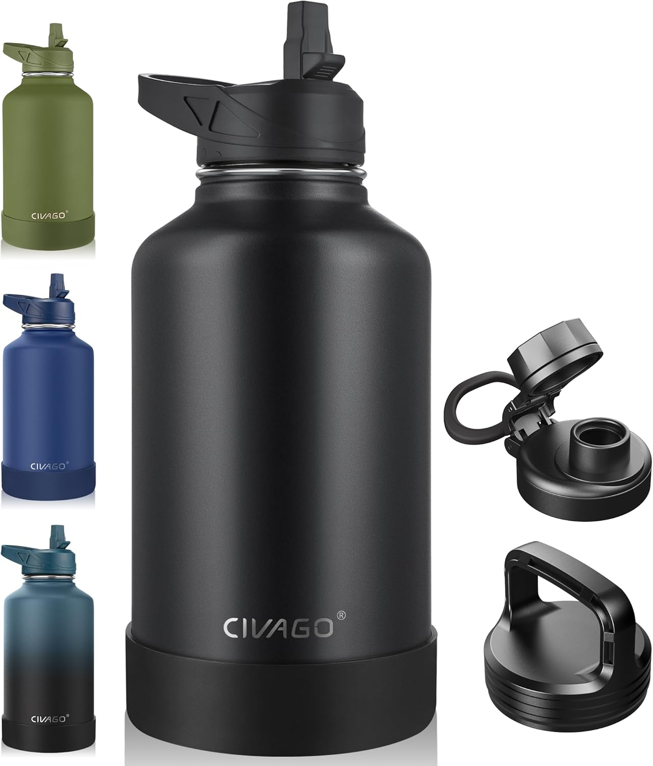 CIVAGO 32 oz Insulated Water Bottle With Straw, Stainless Steel Sports Water Cup Flask with 3 Lids (Straw, Spout and Handle Lid), Wide Mouth Travel Thermal Mug, Black