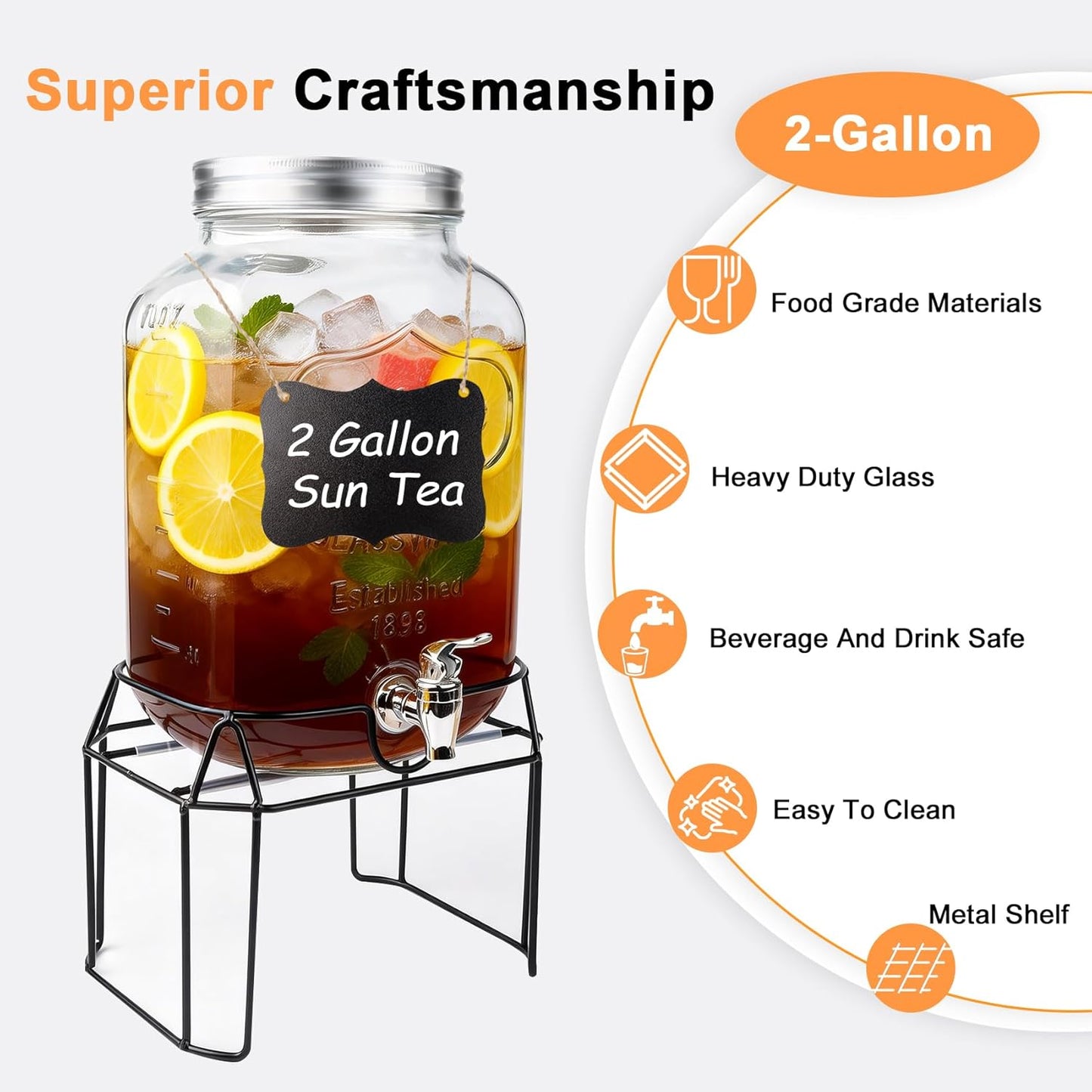 1 Gallon Glass Drink Dispensers For Parties-Set of 2,Drink Dispenser with Fruit Infuser & Stand,Juice or Beverage Dispenser for BBQ, Picnic, Party,Laundry Detergent Dispenser