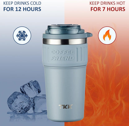 TKK Insulated Coffee Mug with Ceramic Coating, 21oz Iced Coffee Tumbler Cup with Straw Lid Double Wall Vacuum Leak Proof Travel Mug with Strap for Hot and Iced Beverage, Tungsten Steel