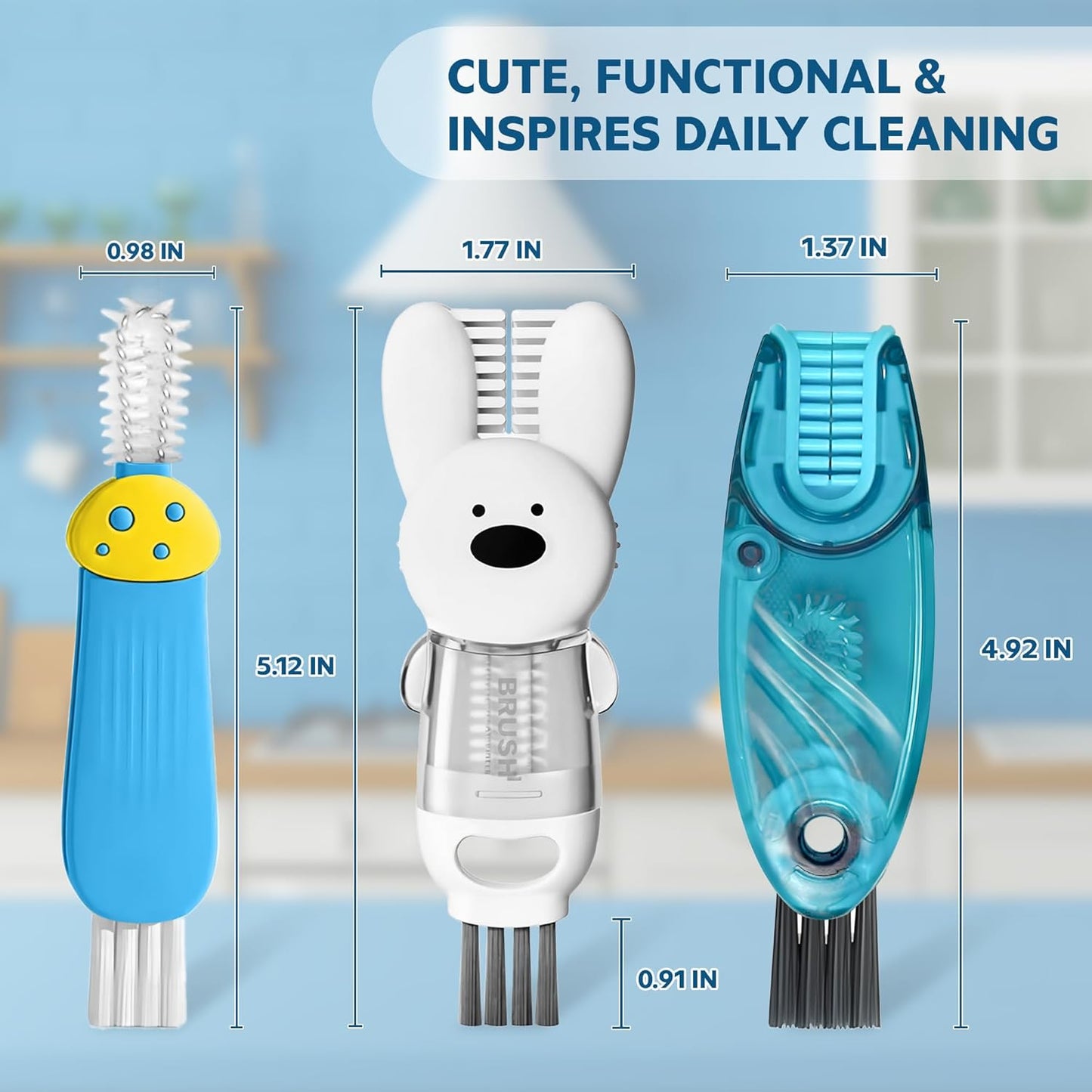 Cup Lid Cleaning Brush, Multifunctional Set with 3 in 1 Lid Cleaner and Two 4 in 1 Cup Lid Cleaning Brushes, Cleaning Brush Tool for Bottles, Straws, Tumblers, Travel Mug Caps, Portable Kit (Blue)