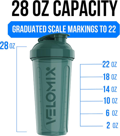 VELOMIX -6 PACK- 28 oz Protein Shaker Bottle for Protein Mixes -6x Wire Whisk | Leak Proof Shaker Cups for Protein Shakes | Large, Stackable Protein Shaker Bottle Pack