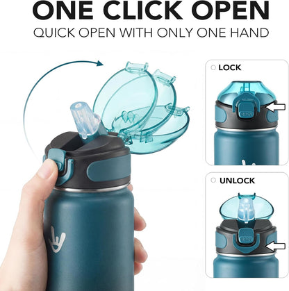 Enerbone 24 oz Insulated Water Bottle, Stainless Steel Bottle with Carrying Strap, Double-Wall Vacuum Insulation Design, Leakproof Sports Bottle with Straw, Keep Drinks Cold or Hot for Hours