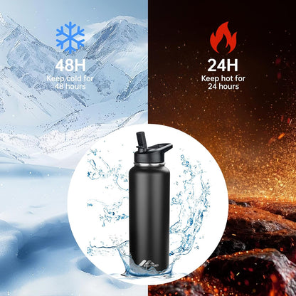 StarSpeed 32oz Insulated Water Bottle with Straw Lid, Stainless Steel Double Walled Vacuum Water Flask, Wide Mouth Sports Water Bottle for Gym Camping Hiking, Indigo Black