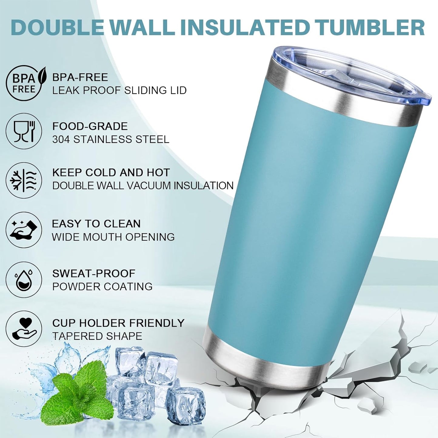 20oz Tumbler with Lid Double Wall Vacuum Insulated Travel Coffee Mug Stainless Steel Thermal Cup Powder Coated Sturdy Coffee Tumbler for Hot and Cold Beverage (Baby blue,1)