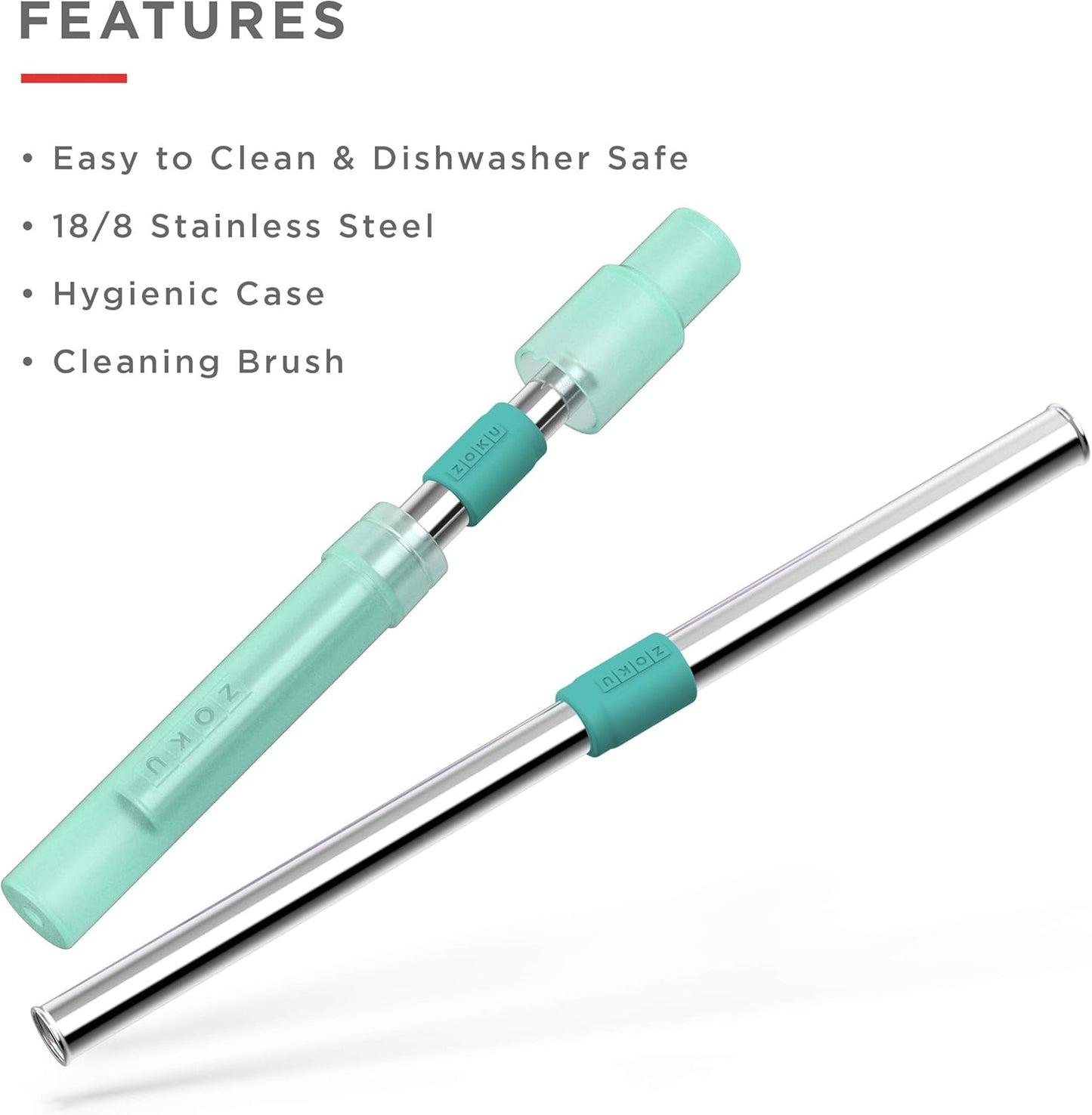 ZOKU Reusable Metal Straw with Case for Travel, Teal - Collapsible Stainless Steel Drinking Straw with Silicone Tip and Cleaner Brush, Ideal for Key Chains, Pockets, Purses