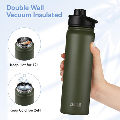 HASLE OUTFITTERS 32 oz Insulated Water Bottle Stainless Steel Double Walled Vacuum Sports Water Bottle with 2 Lids (Straw and Spout Lid) for Gym Camping Hiking(Black,1)