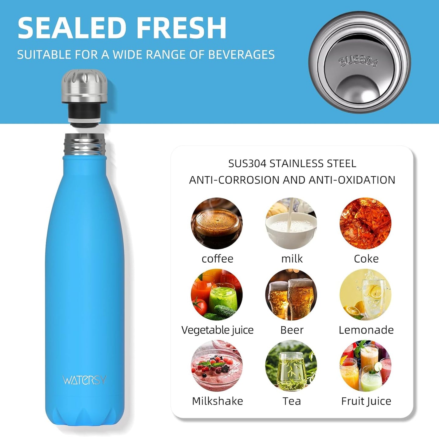 WATERSY Stainless Steel water bottles,17oz/500ml Insulated Water Bottles,Deep Blue metal water bottle Keeps Drink Cold and Hot,BPA Free kids water bottles for School,Gym,Travel,Sports