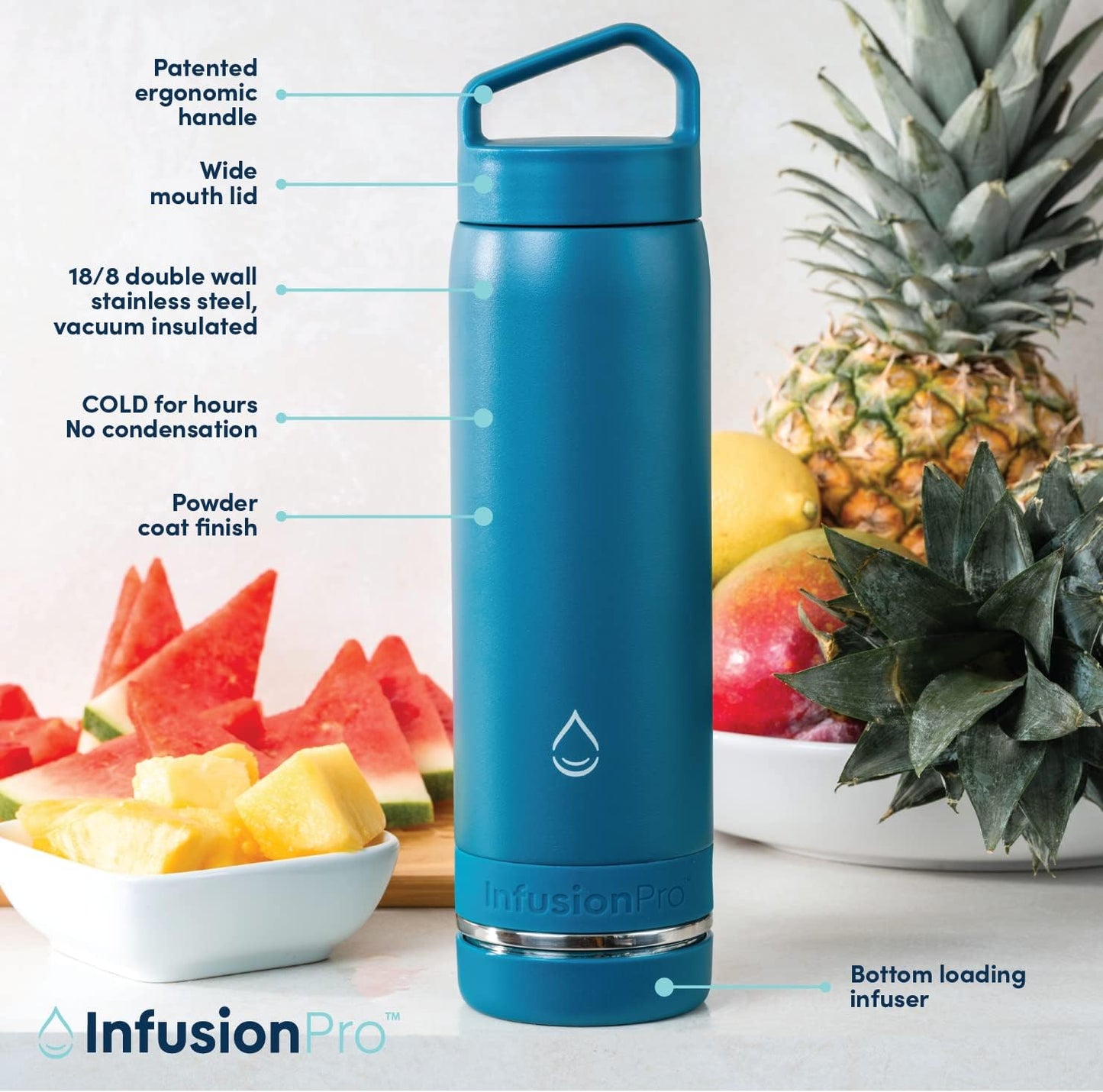 Infusion Pro Fruit Infuser Water Bottle with Straw Lid (32 oz) Stainless Steel Vacuum Insulated : 50 Recipe Fruit Infusion eBook : More Flavor : Easy Cleaning : Great Gift