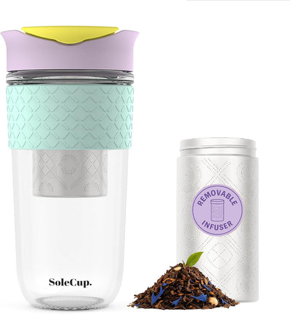 Travel Mug Loose Tea Infuser - Detachable Tea Strainer with Spillproof Lid - BPA-Free Reusable Glass Travel Coffee Cup with Silicone Band (Ice Cream, 12oz)