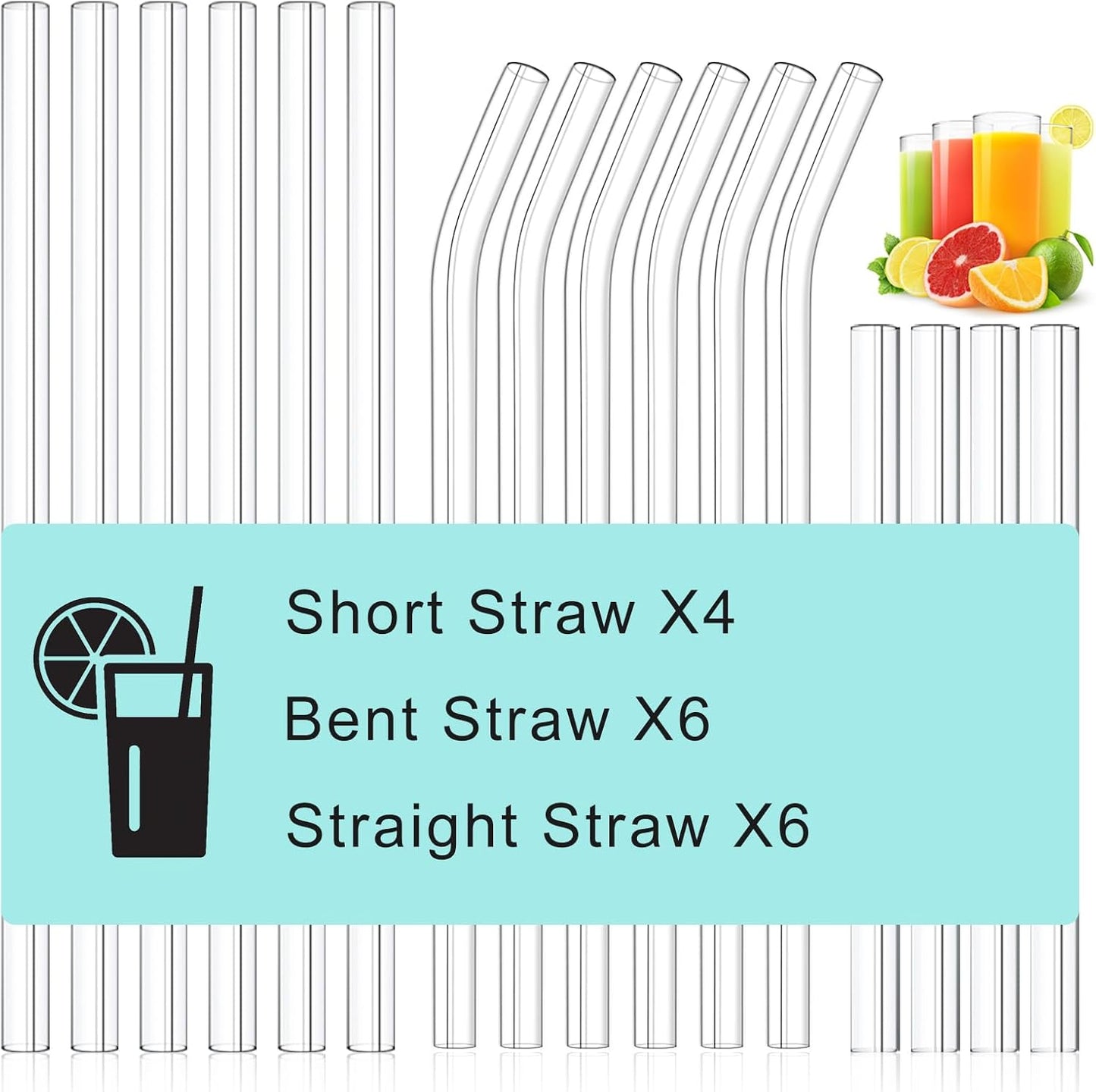 16 Pack Clear Glass Straws Shatter Resistant, Φ10 mm Thick Glass Straws, Family Pack