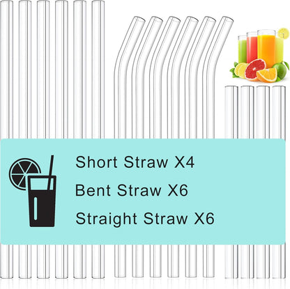 16 Pack Clear Glass Straws Shatter Resistant, Φ10 mm Thick Glass Straws, Family Pack