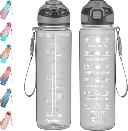 Enerbone 32 oz Drinking Water Bottle with Times to Drink and Straw, Motivational with Carrying Strap, Leakproof BPA & Toxic Free, Ensure You Drink Enough Water for Fitness Gym Outdoor