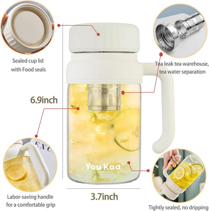 32oz Glass Water Bottle, Tea Bottle with Infuser & Handle, BPA-Free Leakproof Wide Mouth Large Tea Infuser cup for Hot or Cold Drinks, Loose, Fruit (White)