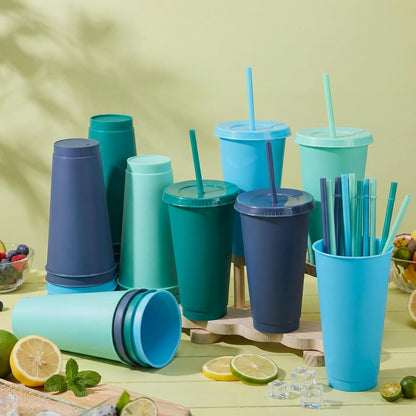 Honeydak 15 Pack Tumbler with Straw and Lid Bulk Cups for Gifts Water Bottle Iced Coffee Travel Mug Cup Reusable Plastic Tumblers for Party Birthdays 24-27 oz (Solid Color)