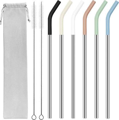 40 oz Stainless Metal Straws for 40 oz Stanley Tumbler, 6Pcs Reusable Straight Long Steel Straws with 12 Silicone Tips and 2 Straw Cleaning Brushes (6Color1, 40oz)