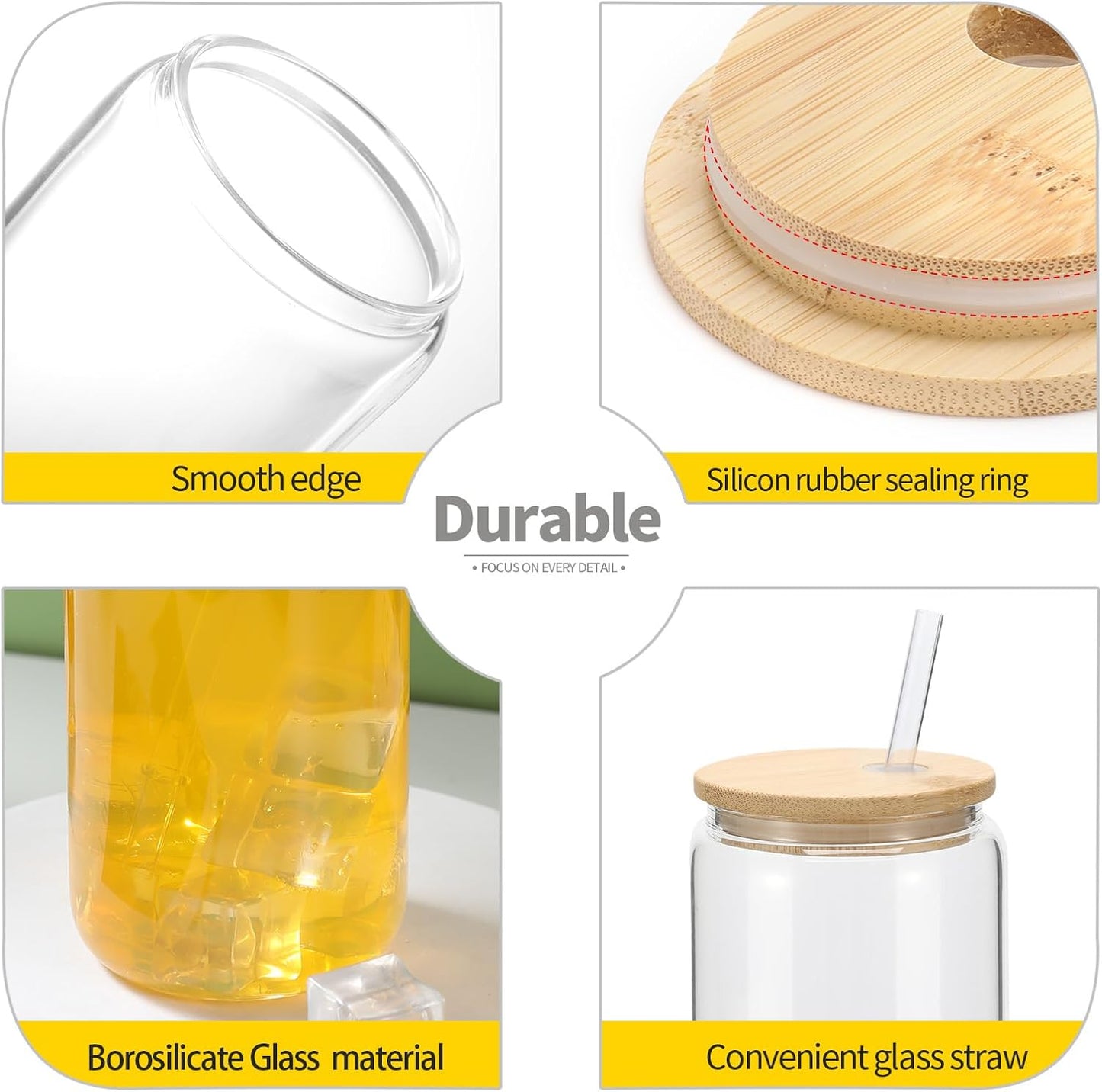 YOUKE OLA 20 Pack Glass Cups with Bamboo Lids and Glass Straw 16oz Beer Can Shaped Drinking Glasses Cups, Glass Tumbler Reusable Cute Cups for Whiskey, Iced Coffee, Tea, Soda, Cocktail, Gift, Clear