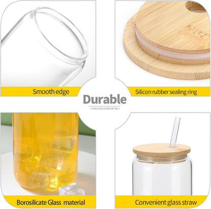YOUKE OLA 20 Pack Glass Cups with Bamboo Lids and Glass Straw 16oz Beer Can Shaped Drinking Glasses Cups, Glass Tumbler Reusable Cute Cups for Whiskey, Iced Coffee, Tea, Soda, Cocktail, Gift, Clear